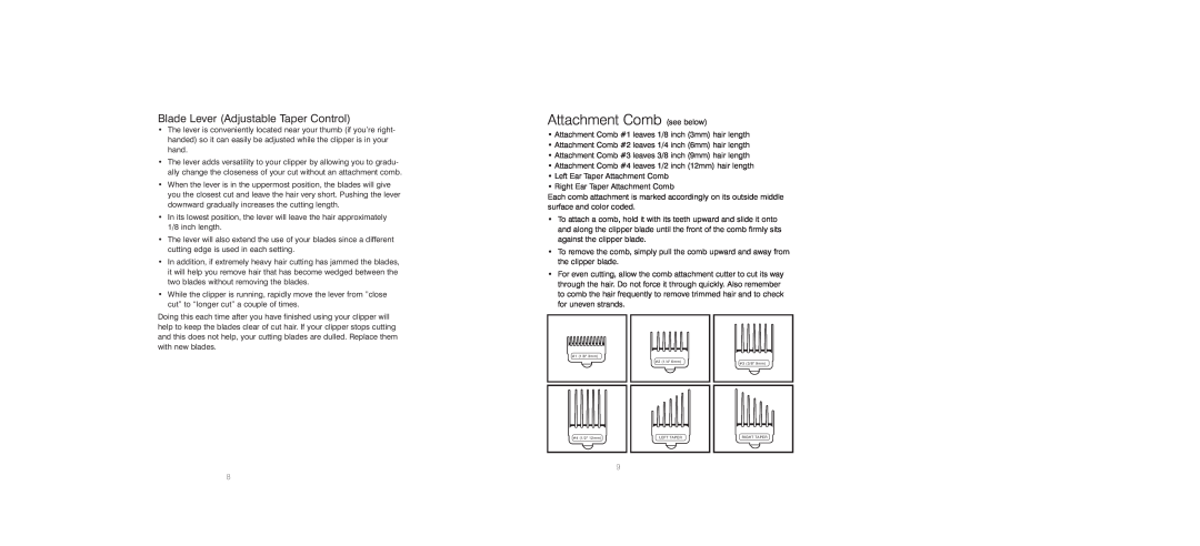 HoMedics PC-400 instruction manual Attachment Comb see below, Blade Lever Adjustable Taper Control 