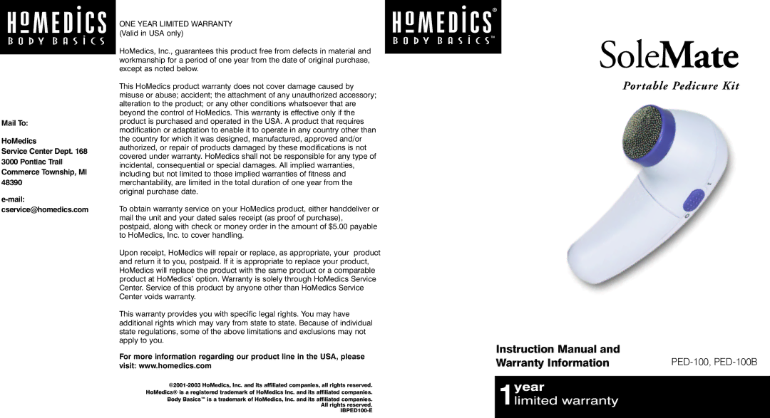 HoMedics PED-100B instruction manual SoleMate 