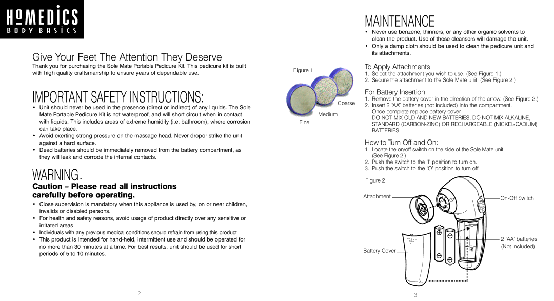 HoMedics PED-100B Maintenance, Important Safety Instructions, Give Your Feet The Attention They Deserve 