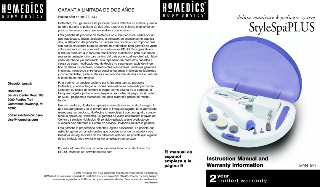 HoMedics Pedicure Foot Spa instruction manual Warranty Information, Garantía Limitada DE DOS Años 