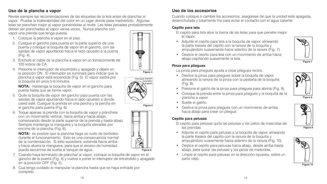 HoMedics PS-150 instruction manual Uso de la plancha a vapor, Uso de los accesorios 