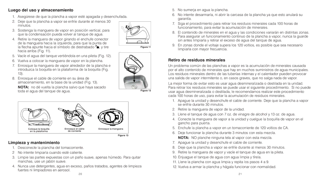 HoMedics PS-150 instruction manual Luego del uso y almacenamiento, Limpieza y mantenimiento, Retiro de residuos minerales 