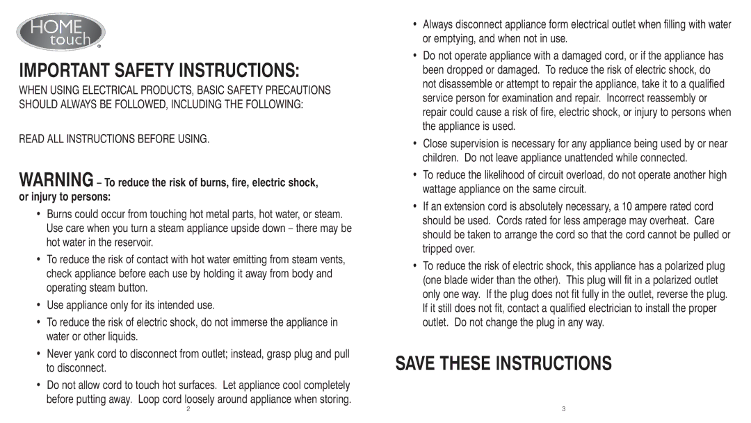 HoMedics PS-150 instruction manual Important Safety Instructions 