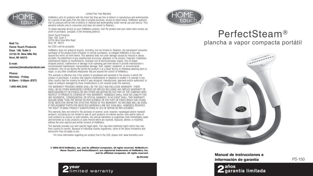 HoMedics PS-150 instruction manual Plancha a vapor compacta portátil 