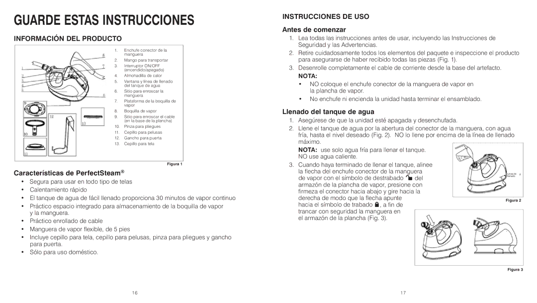 HoMedics PS-150 instruction manual Antes de comenzar, Llenado del tanque de agua, Características de PerfectSteam 