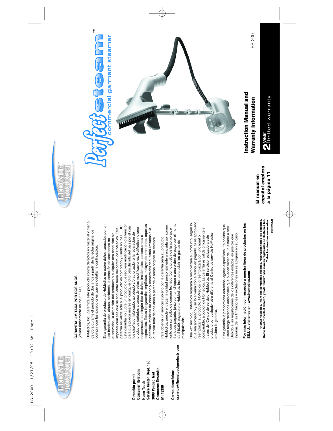 HoMedics IBPS200-C instruction manual Warranty Information, PS-200C1/27/05 10 32 AM Page, El manual en, español empieza 
