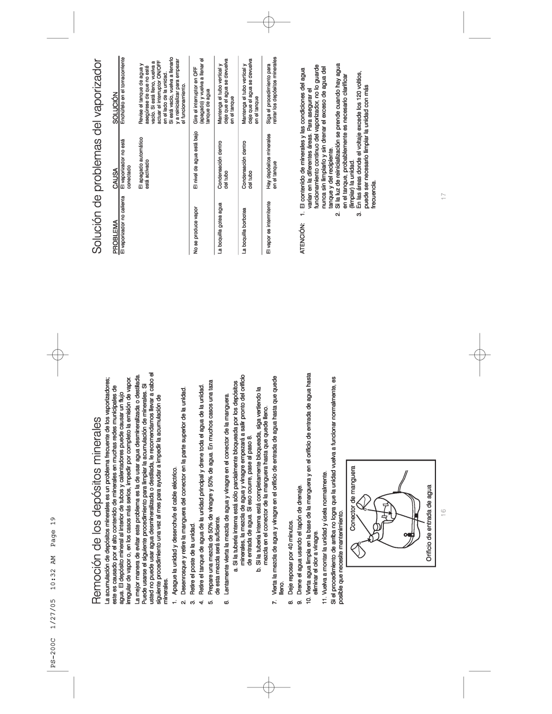 HoMedics Remoción de los depósitos minerales, Solución de problemas del vaporizador, PS-200C1/27/05 10 32 AM Page 