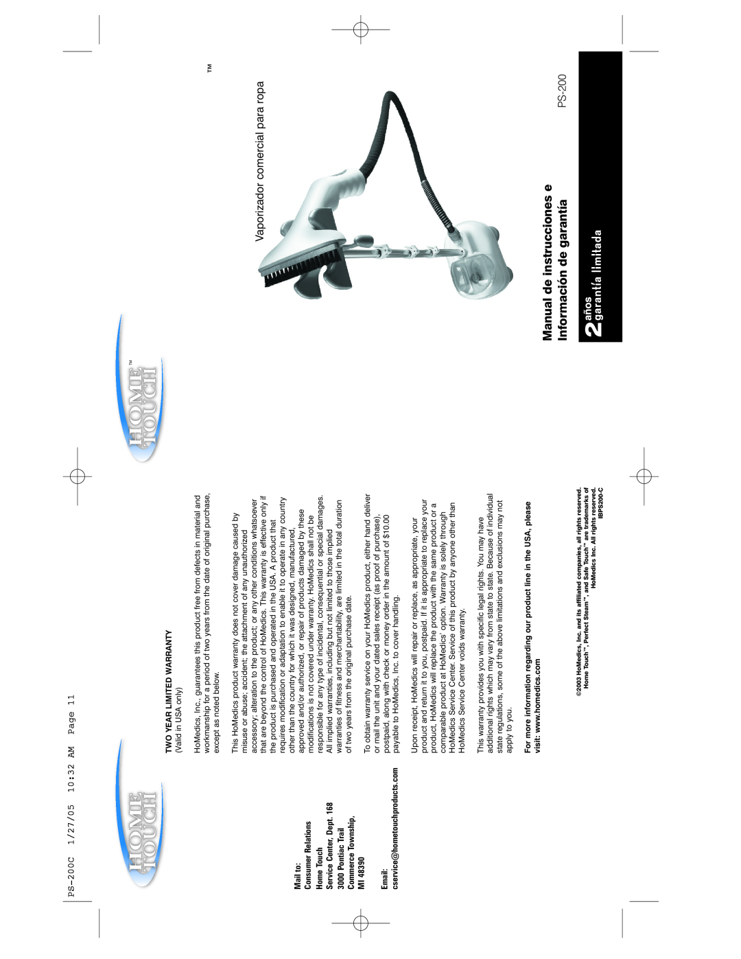 HoMedics PS-200, IBPS200-C Manual de instrucciones e, Información de garantía, Vaporizador comercial para ropa, Mail to 