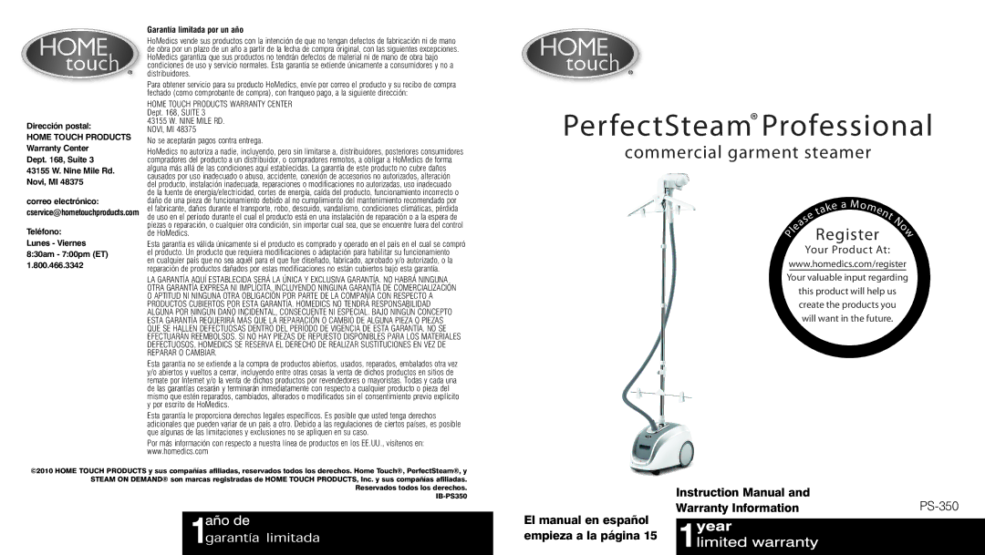 HoMedics PS-350 instruction manual PerfectSteam Professional 