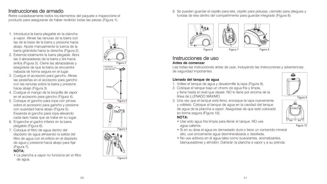 HoMedics PS-350 Instrucciones de armado, Instrucciones de uso, Antes de comenzar, Llenado del tanque de agua 