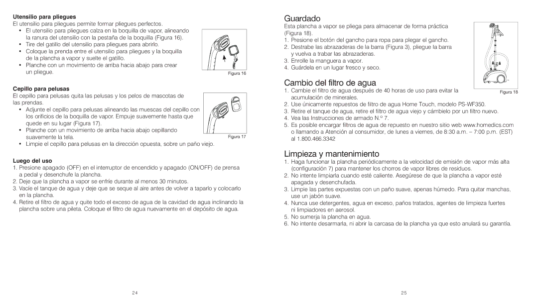 HoMedics PS-350 instruction manual Guardado, Cambio del filtro de agua, Limpieza y mantenimiento 