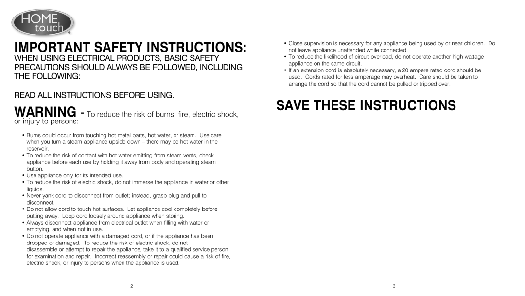 HoMedics PS-350 instruction manual Important Safety Instructions 