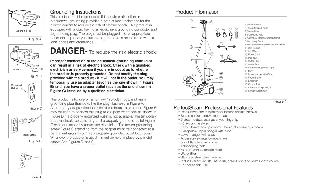 HoMedics PS-350 instruction manual Grounding Instructions, Product Information, PerfectSteam Professional Features 