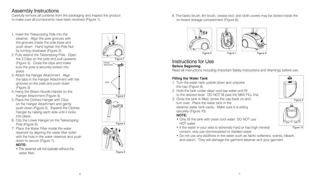 HoMedics PS-350 instruction manual Assembly Instructions, Instructions for Use, Before Beginning, Filling the Water Tank 