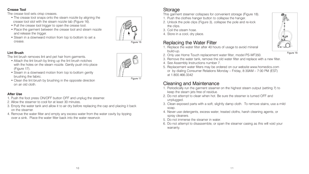 HoMedics PS-350 instruction manual Storage, Replacing the Water Filter, Cleaning and Maintenance 