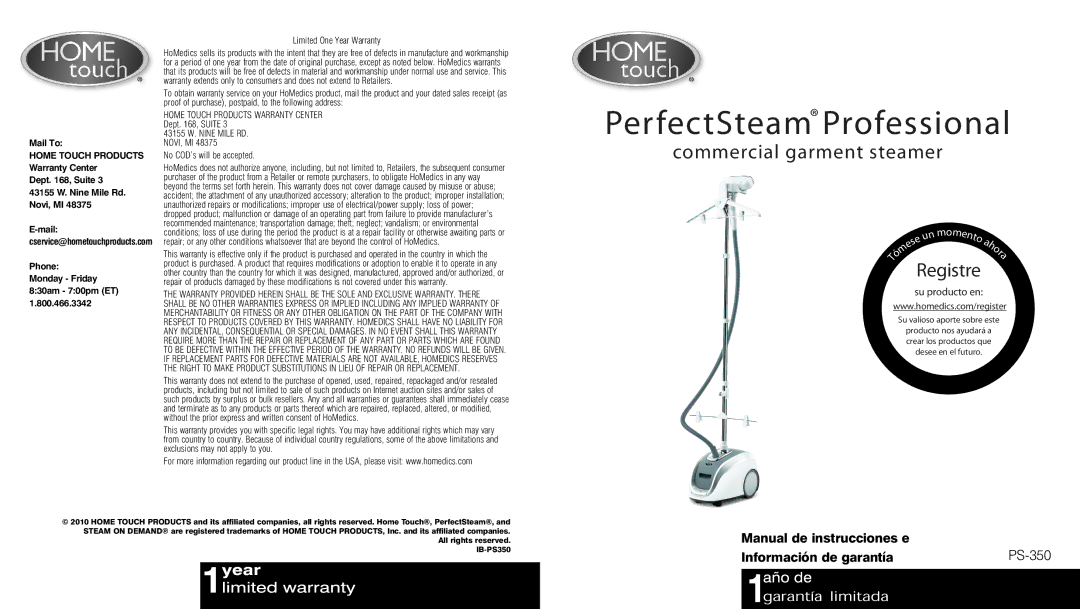 HoMedics PS-350 instruction manual Home Touch Products, Phone Monday Friday 830am 700pm ET 