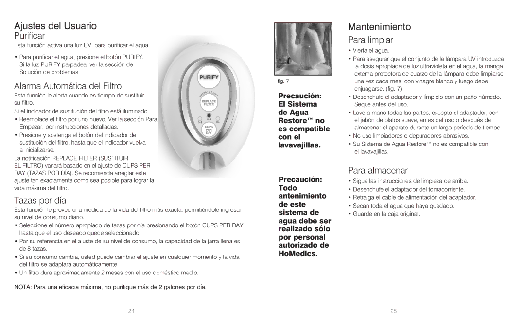 HoMedics RWS-1FL, RWS-100, IB-RWS100A instruction manual Ajustes del Usuario, Mantenimiento 