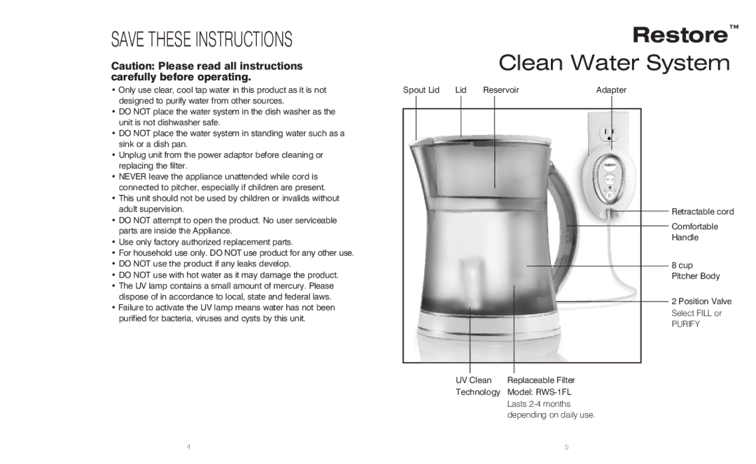 HoMedics RWS-100, RWS-1FL, IB-RWS100A instruction manual Purify 