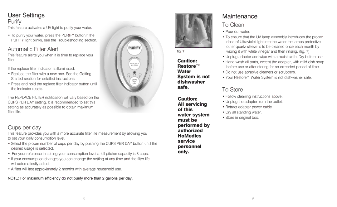 HoMedics IB-RWS100A, RWS-100, RWS-1FL instruction manual User Settings, Maintenance 