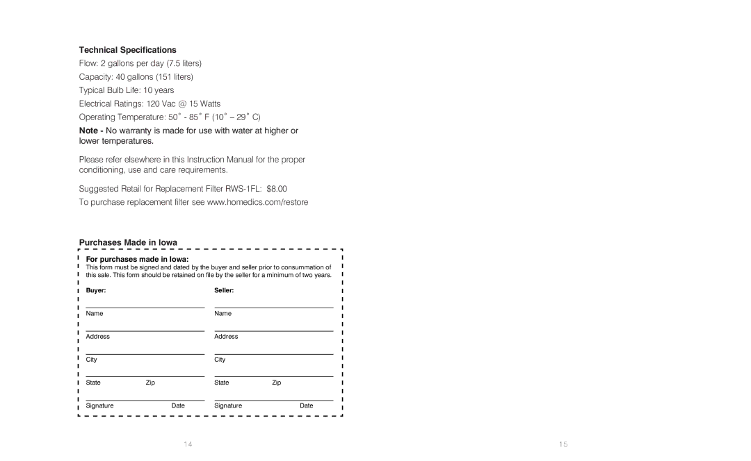 HoMedics IB-RWS100A, RWS-100, RWS-1FL instruction manual Technical Specifications 