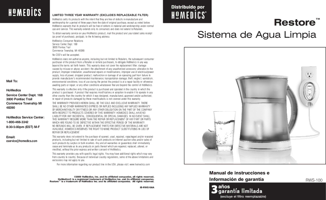 HoMedics RWS-100, RWS-1FL, IB-RWS100A instruction manual Sistema de Agua Limpia 