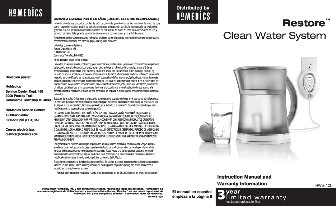HoMedics RWS-1FL, IB-RWS100A instruction manual Restore, Clean Water System, Distributed by, RWS-100, Commerce Township MI 