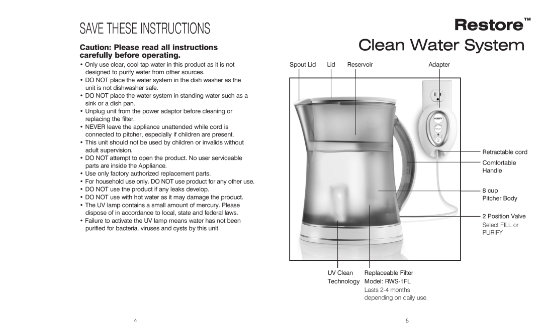 HoMedics RWS-100, RWS-1FL, IB-RWS100A instruction manual Restore, Clean Water System, Save These Instructions 