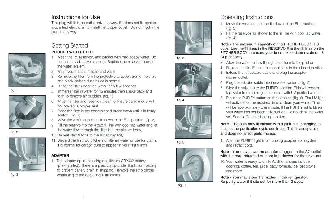HoMedics RWS-1FL, RWS-100 Instructions for Use, Getting Started, Operating Instructions, Pitcher With Filter, Adapter 