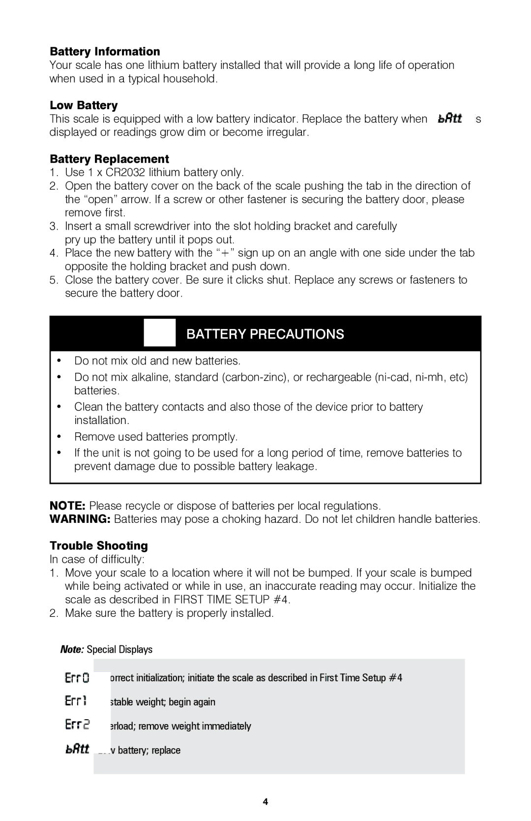 HoMedics SC-322 manual Battery Information, Low Battery, Battery Replacement, Trouble Shooting 