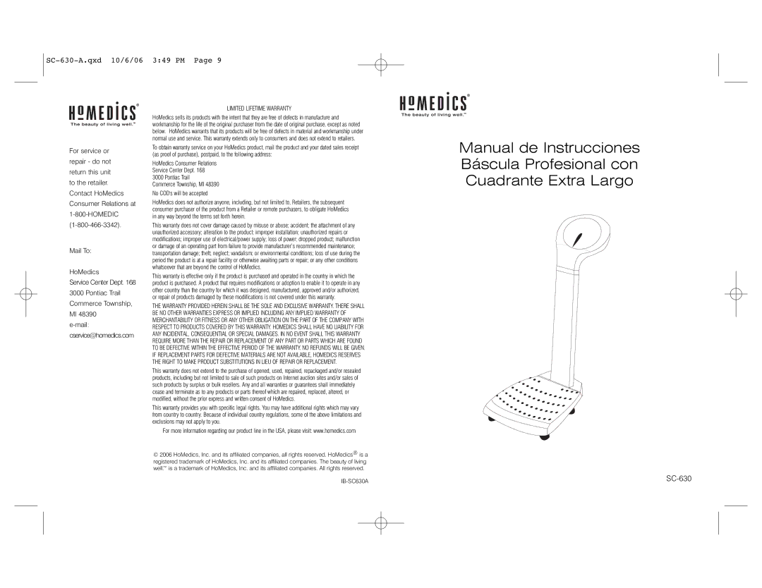 HoMedics SC-630 instruction manual Limited Lifetime Warranty, IB-SC630A 