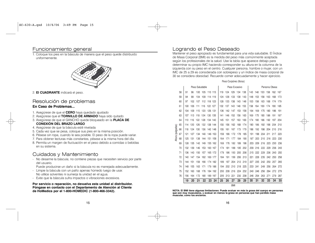 HoMedics SC-630 Funcionamiento general, Resolución de problemas, Cuidados y Mantenimiento, Logrando el Peso Deseado 