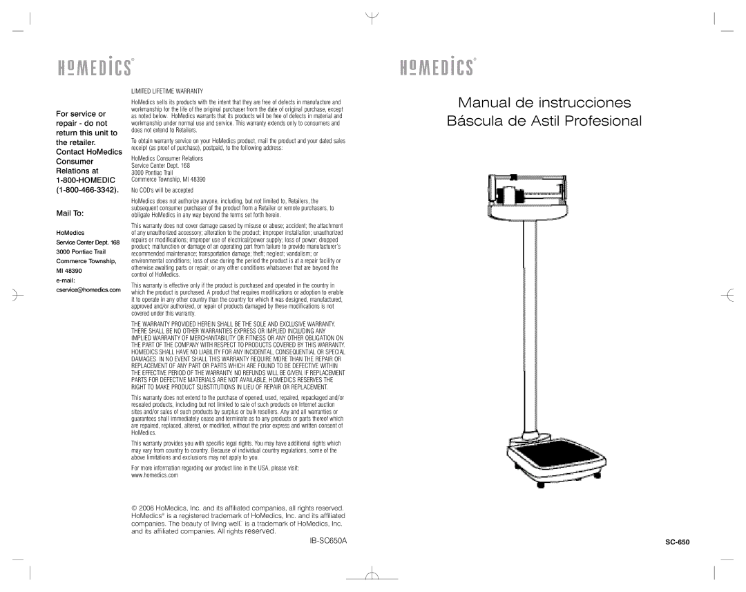 HoMedics SC-650 instruction manual Manual de instrucciones Báscula de Astil Profesional, Limited Lifetime Warranty 