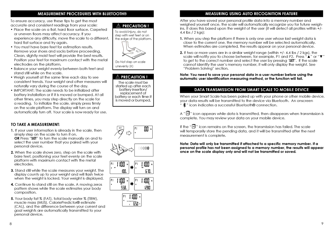 HoMedics SC-902 instruction manual Precaution, Data Transmission from Smart Scale to Mobile Device, To Take a Measurement 