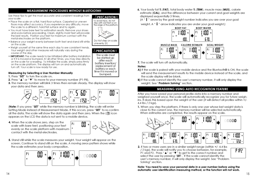 HoMedics SC-902 instruction manual Measurement Procedures Without Bluetooth, Measuring by Selecting a User Number Manually 