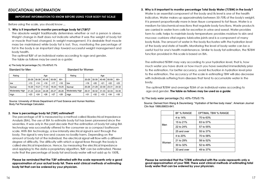 HoMedics SC-902 instruction manual Educational Information, Why is it important to monitor percentage body fat %BF? 