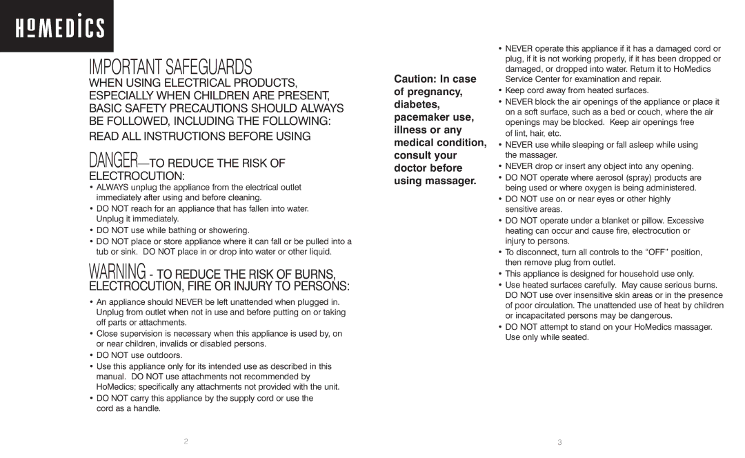 HoMedics Shiatsu Foot Massager instruction manual Important Safeguards 