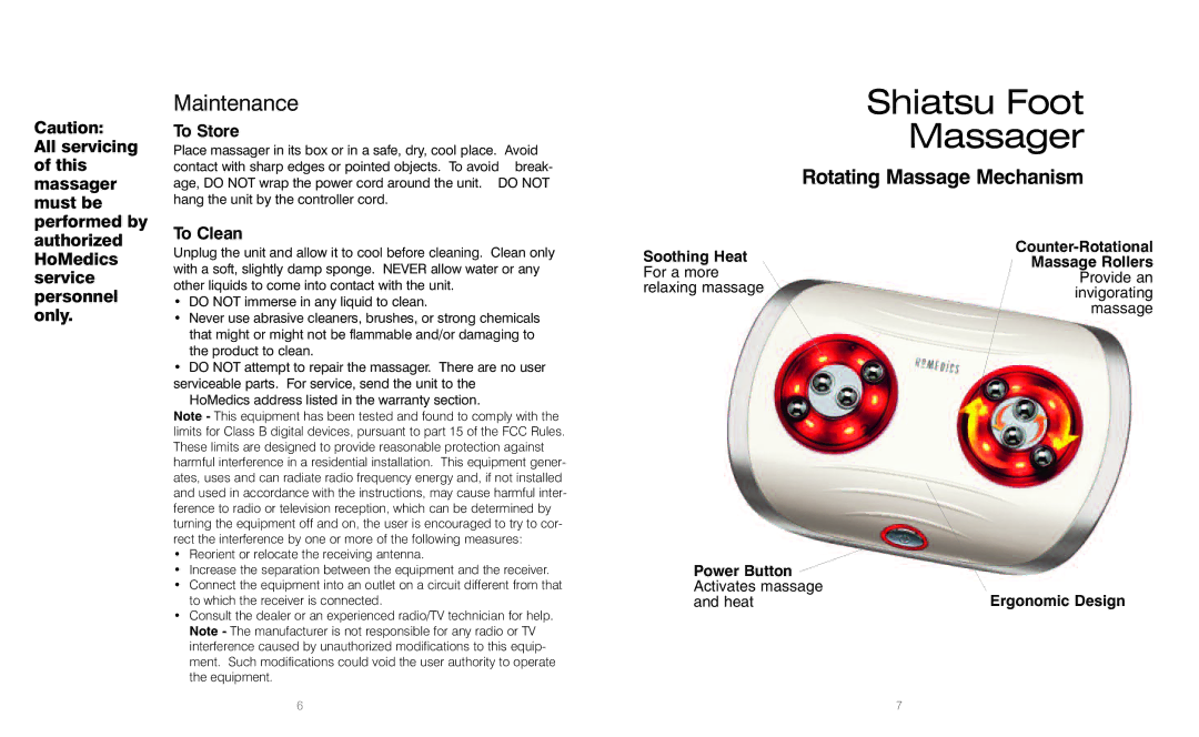 HoMedics Shiatsu Foot Massager instruction manual Maintenance, To Store, To Clean 