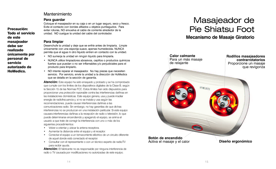 HoMedics Shiatsu Foot Massager instruction manual Mantenimiento, Para guardar, Para limpiar 