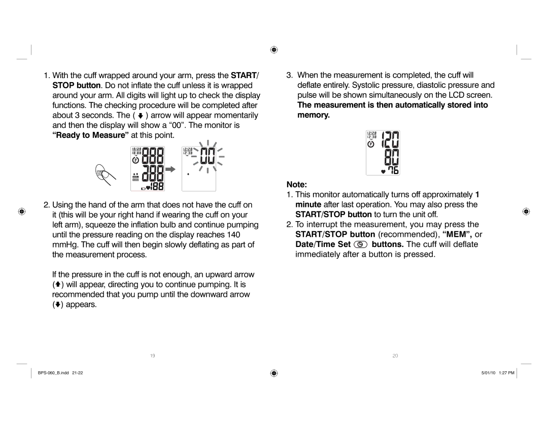 HoMedics SPS-060 manual Measurement is then automatically stored into memory 