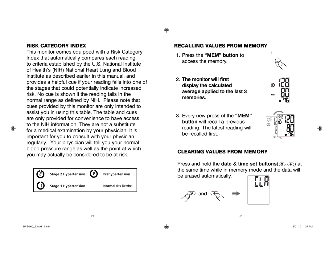 HoMedics SPS-060 manual Risk Category Index, Recalling Values from Memory, Clearing Values from Memory 