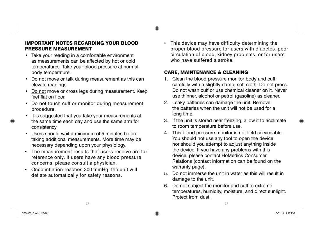 HoMedics SPS-060 manual Important Notes Regarding Your Blood Pressure Measurement, CARE, Maintenance & Cleaning 