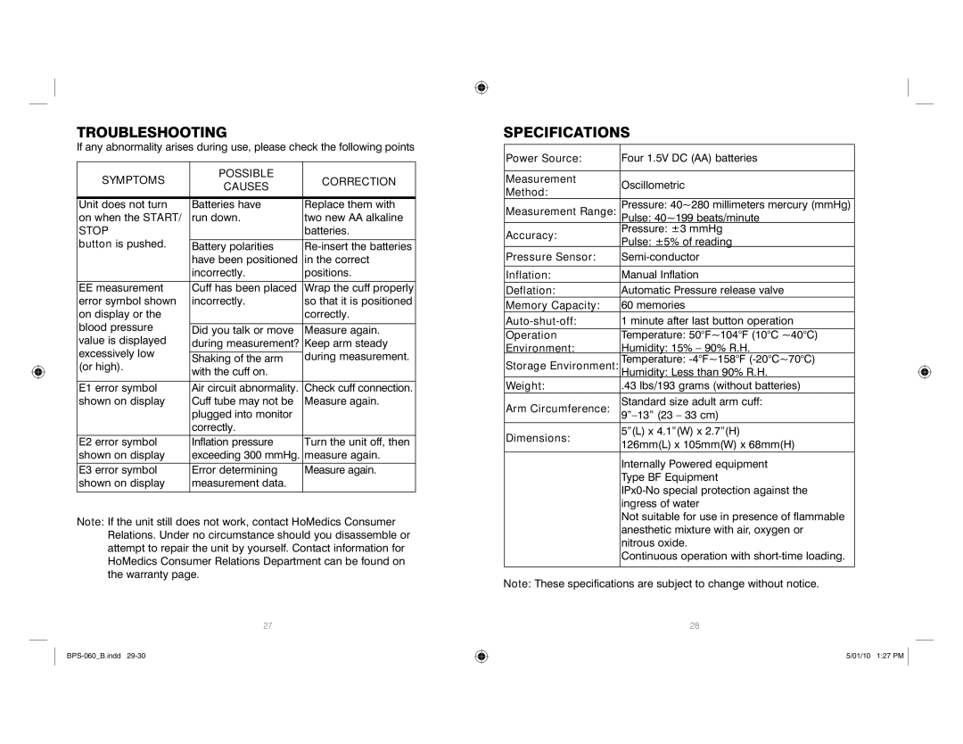 HoMedics SPS-060 manual Troubleshooting, Specifications 