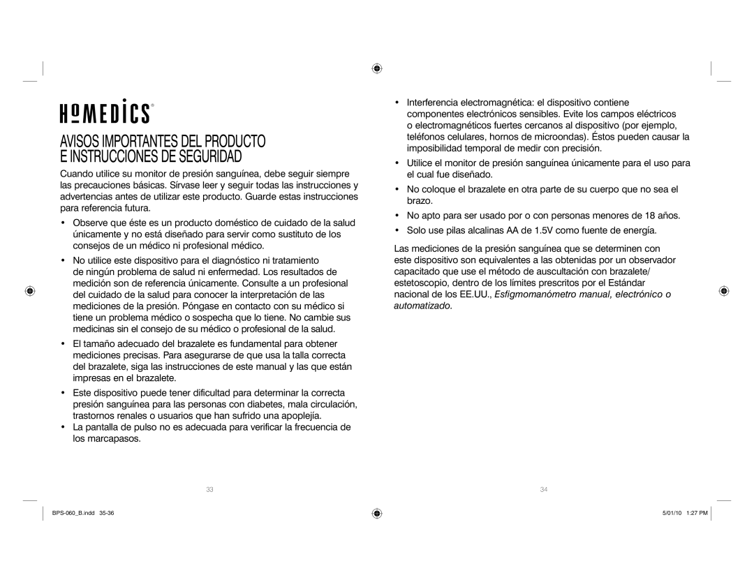 HoMedics SPS-060 manual Avisos Importantes DEL Producto Instrucciones DE Seguridad 