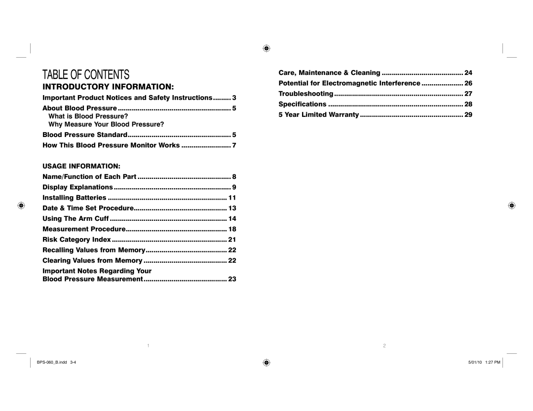 HoMedics SPS-060 manual Table of Contents 