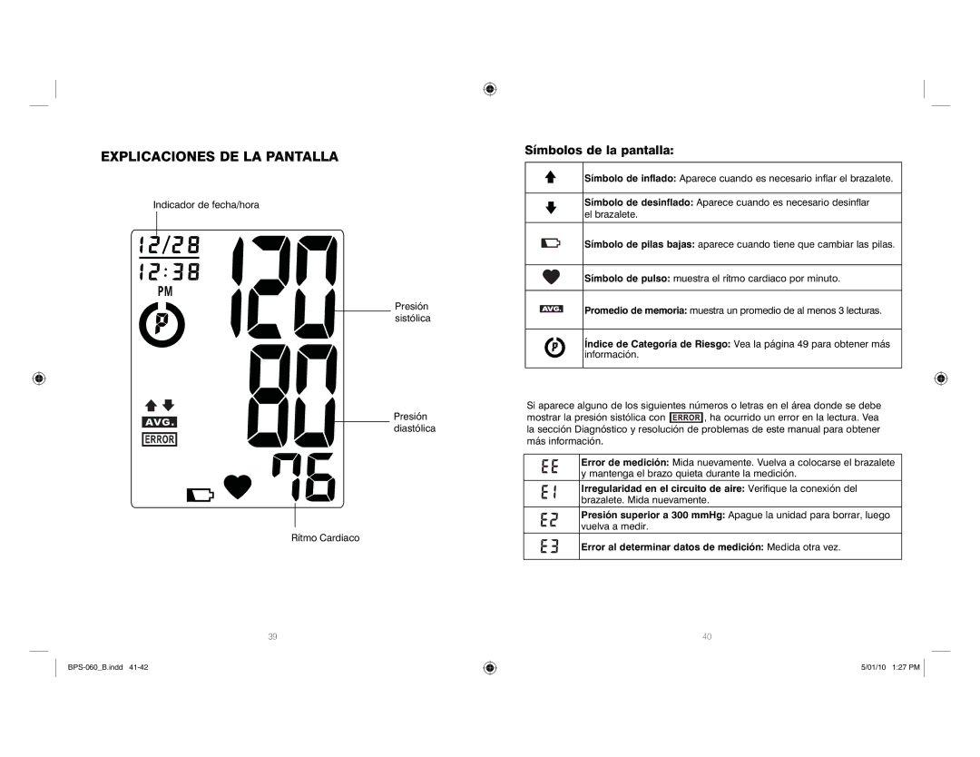 HoMedics SPS-060 manual Explicaciones DE LA Pantalla, Símbolos de la pantalla 