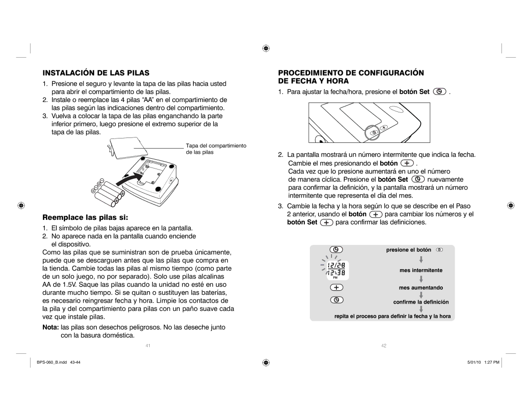 HoMedics SPS-060 manual Instalación DE LAS Pilas, Procedimiento DE Configuración DE Fecha Y Hora 