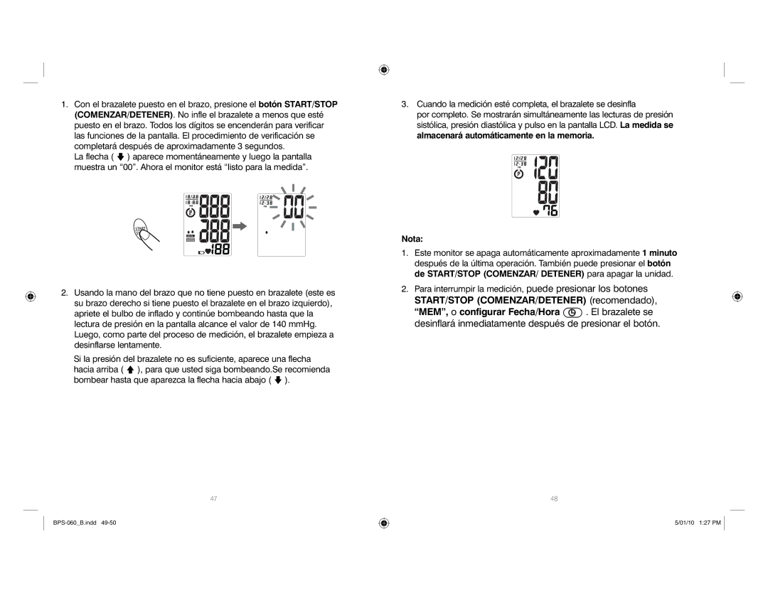 HoMedics SPS-060 manual Para interrumpir la medición, puede presionar los botones 