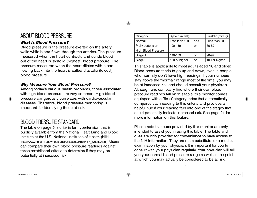 HoMedics SPS-060 manual About Blood Pressure 