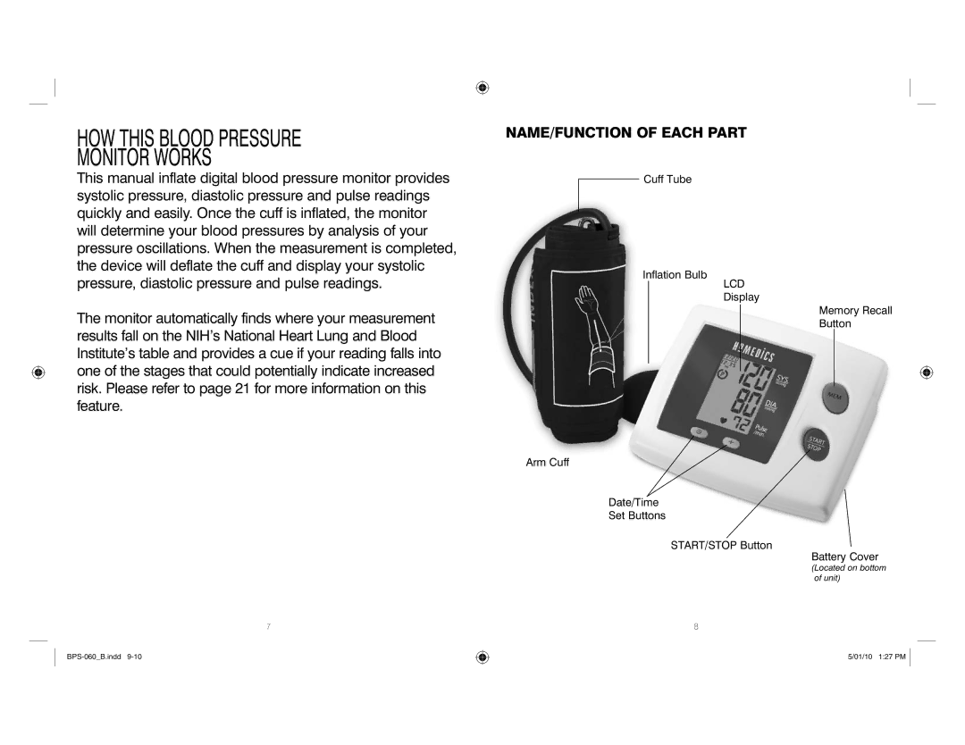 HoMedics SPS-060 manual HOW this Blood Pressure Monitor Works, NAME/FUNCTION of Each Part 