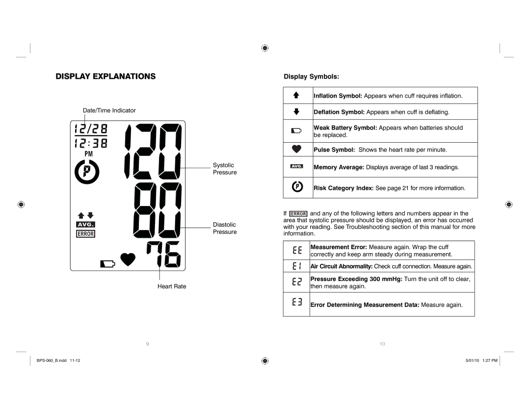 HoMedics SPS-060 manual Display Explanations, Display Symbols 